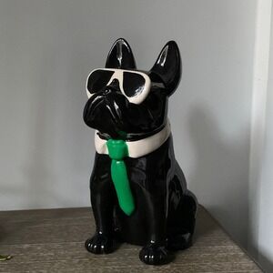 Black French Bulldog Ceramic Cookie Jar Sunglasses Green Tie Dog Treat Canister